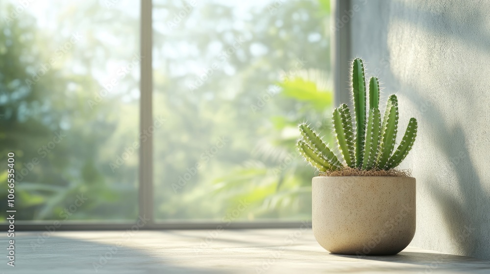 Poster cactus indoor plant in a pot positioned by a tall window, creating a serene atmosphere. this cactus 