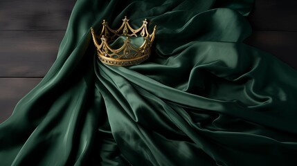 Elegant golden crown resting on rich green satin fabric in a softly lit setting