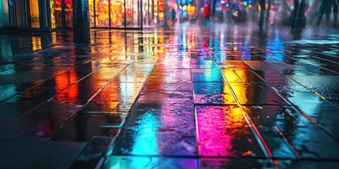 A brightly illuminated abstract urban scene showcases vivid reflections on the moist ground. This digital artwork combines elements of both the city and nature creatively.
