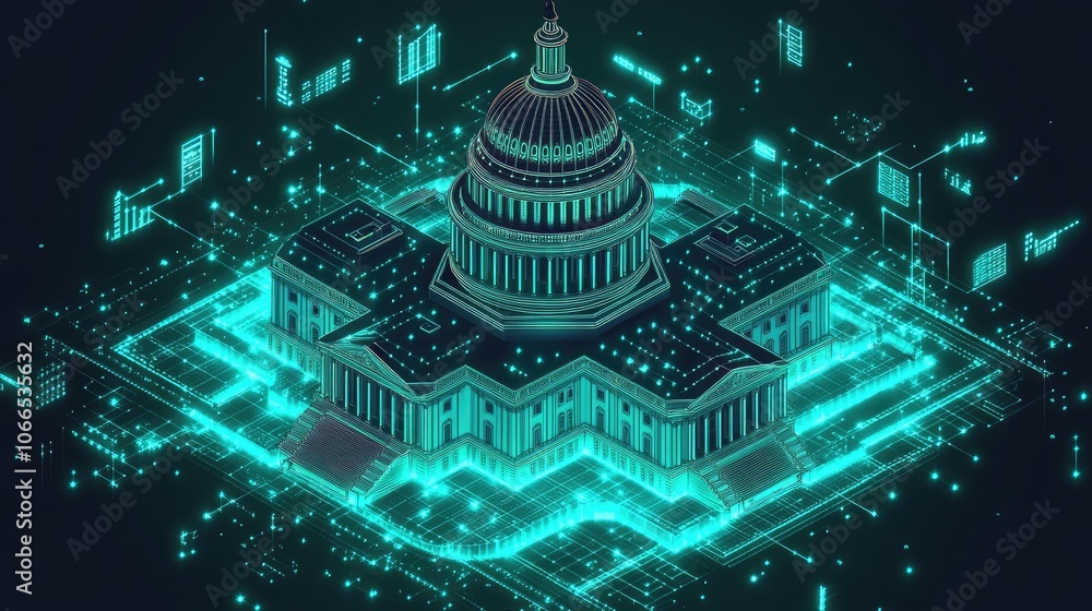 Poster a 3d rendering of the us capitol building surrounded by glowing blue circuit board lines, representi