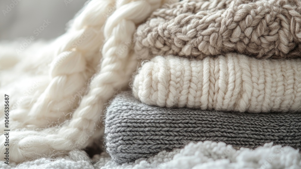 Poster close-up image capturing wooly items in soft, muted tones, emphasizing the texture and warmth of the