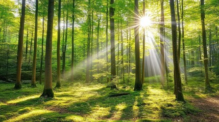 Obraz premium Sunlight beams through the canopy of a lush green forest.