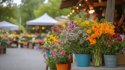 Fototapeta premium Vibrant floral arrangements create a lively atmosphere at an outdoor market, capturing the essence of summer with bright colors and textures, perfect for use in various designs.