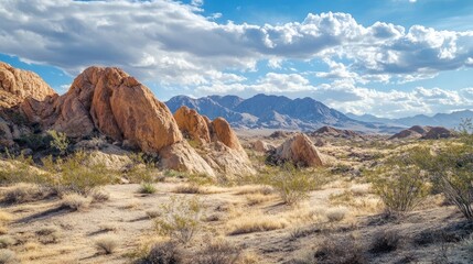 Fototapeta premium Desert terrain characterized by striking rock formations, creating a dramatic landscape ideal for capturing the essence of arid environments with ample photo style copy space.