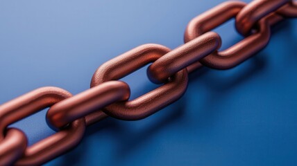 Obraz premium Close-up of a copper chain link on a blue background.