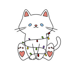 A white cat is sitting on a bed with a string of lights wrapped around it