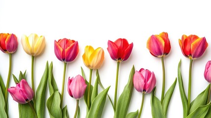 Naklejka premium Spring tulips create a vibrant floral frame in soft pastel colors against a crisp white background. This image of spring tulips offers beautiful color and seasonal charm with ample copy space.