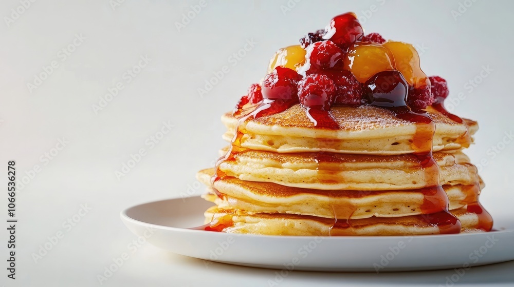 Poster delicious stack of pancakes layered with various condiments on a clean white background, perfect for