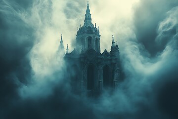 An eerie gothic church shrouded in fog and illuminated by a mysterious light.