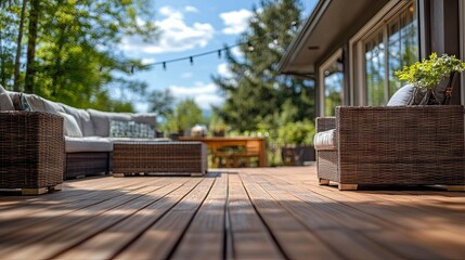 Closeup of a modern deck patio design featuring intricate wood details. This stunning deck patio captures the essence of contemporary aesthetics with ample photo style copy space.