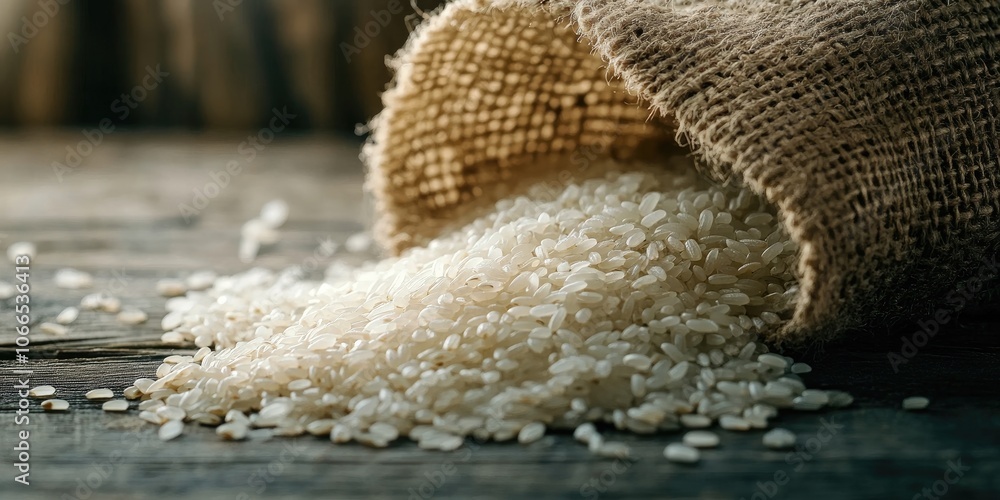 Poster rice is cascading out of a burlap sack onto a wooden table surface. this image captures the scene in