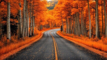 Aspens in a grove display vibrant orange hues during autumn. This stunning autumn scene of aspens creates a captivating atmosphere, perfect for capturing the essence of fall.