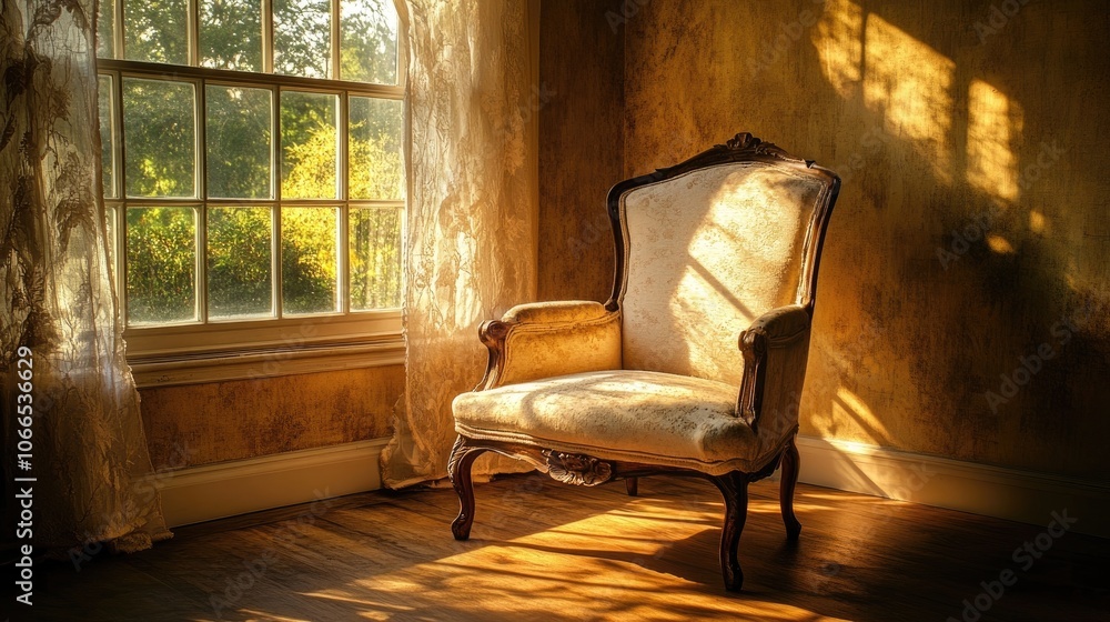 Poster sunlight streams through windows, illuminating an empty chair that captures a serene atmosphere. the