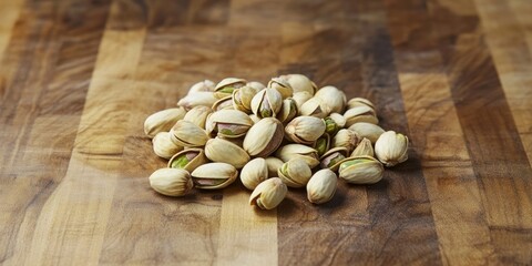 Salted and roasted pistachios resting on a wooden surface, showcasing their crunchy texture and flavor. These pistachios are perfect for snacking or sharing.