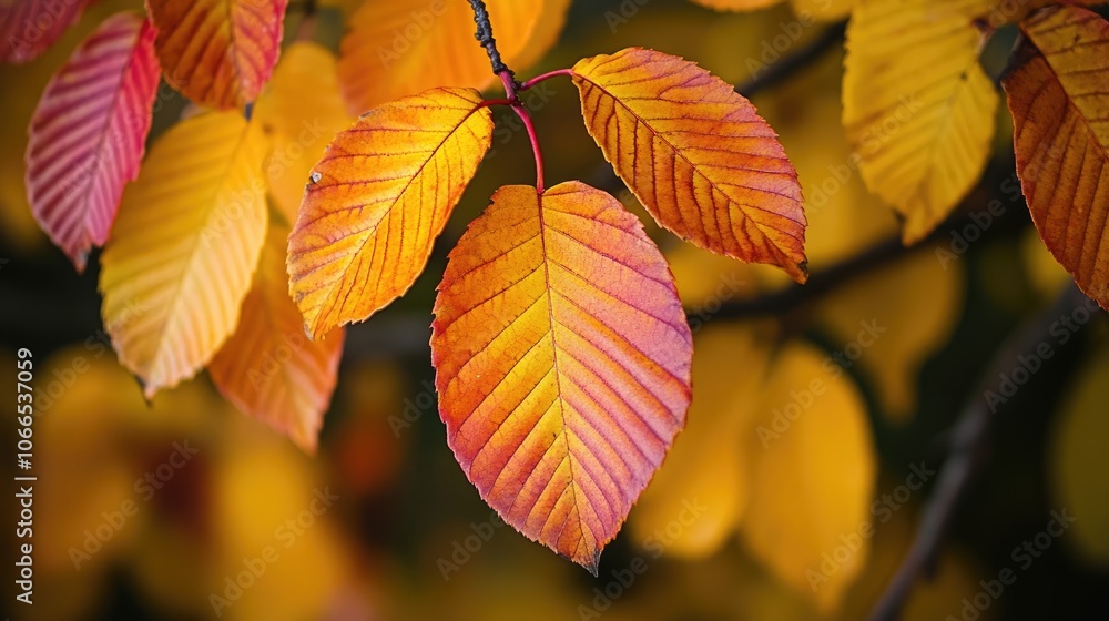 Poster close-up view of vibrant yellow and red autumn leaves, capturing the essence of fall foliage. the au