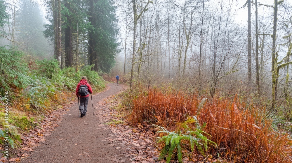 Poster two hikers on a winding trail through a misty forest, with tall trees and ferns lining the path.