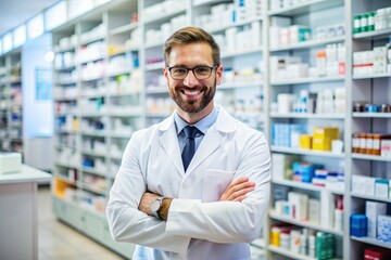 A smiling man in a white lab coat stands in front of a pharmacy with a smile on