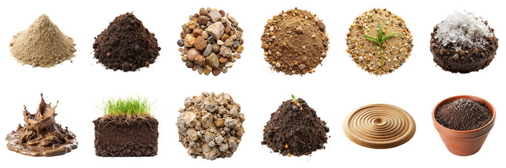 Soil types and textures isolated on transparent background. Includes garden, potting, wet mud, alluvial, permafrost, rocky soils with different characteristics, png collection
