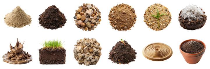 Soil types and textures isolated on transparent background. Includes garden, potting, wet mud, alluvial, permafrost, rocky soils with different characteristics, png collection