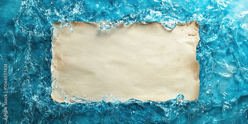 Poster aqua backdrop featuring water splashes alongside a sheet of blank paper left empty, creating a fresh