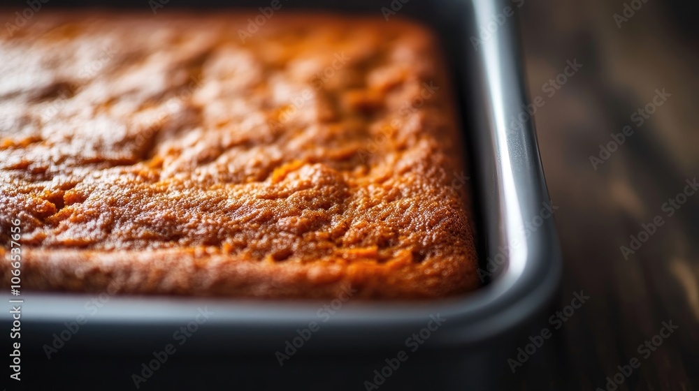 Poster close-up of a carrot cake in a baking tin, highlighting the textures and layers of the carrot cake, 