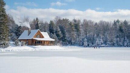 a winter scene featuring a snow-covered cabin by a frozen lake. Include details like smoke rising from the chimney, snow-laden trees, and a family ice skating on the lake.