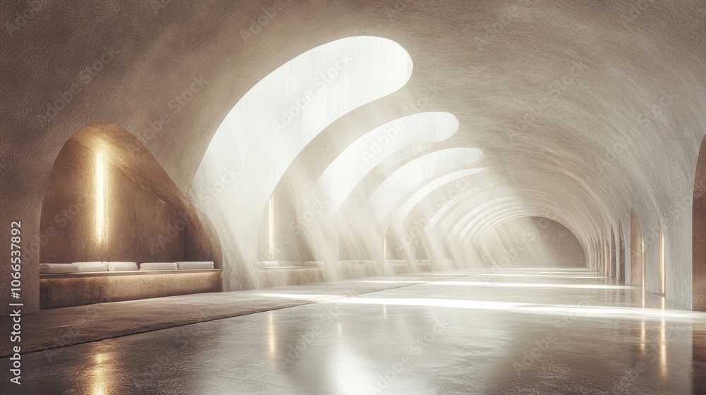Poster a tranquil and expansive underground hall illuminated by natural light streaming through large openi