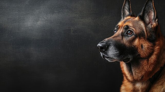 A dignified German shepherd radiates loyalty and strength, embodying a calm expression that reflects ennobled intelligence, with ample copy space for text.