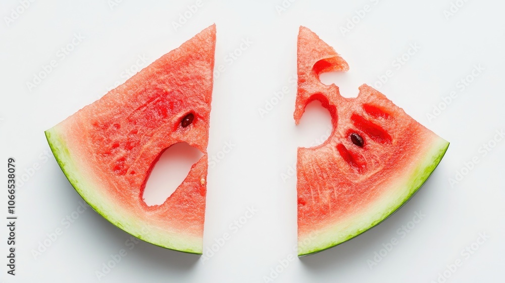 Poster broken watermelon isolated on a white background, revealing its vibrant color and juicy texture, per