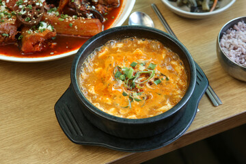 Korea food. spicy soft tofu stew