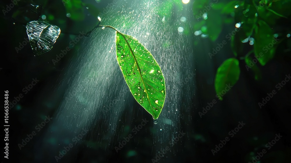Poster dynamic 3d animation of rainfall, immersive visual experience, captivating droplets cascading, atmos