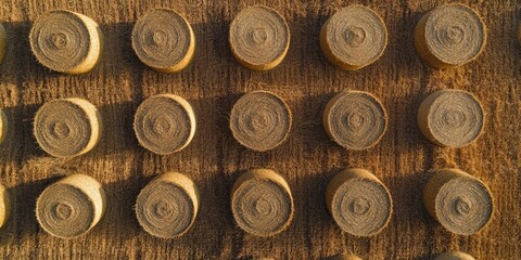 Birds eye perspective showcasing circular straw bales scattered throughout agricultural fields, emphasizing the arrangement of these round bales across the landscape.