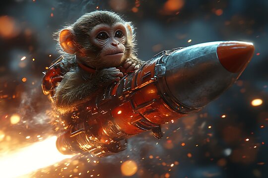 A baby monkey blasts off into space on a fiery rocket.