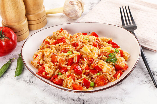 Italian pasta orzo with prawn