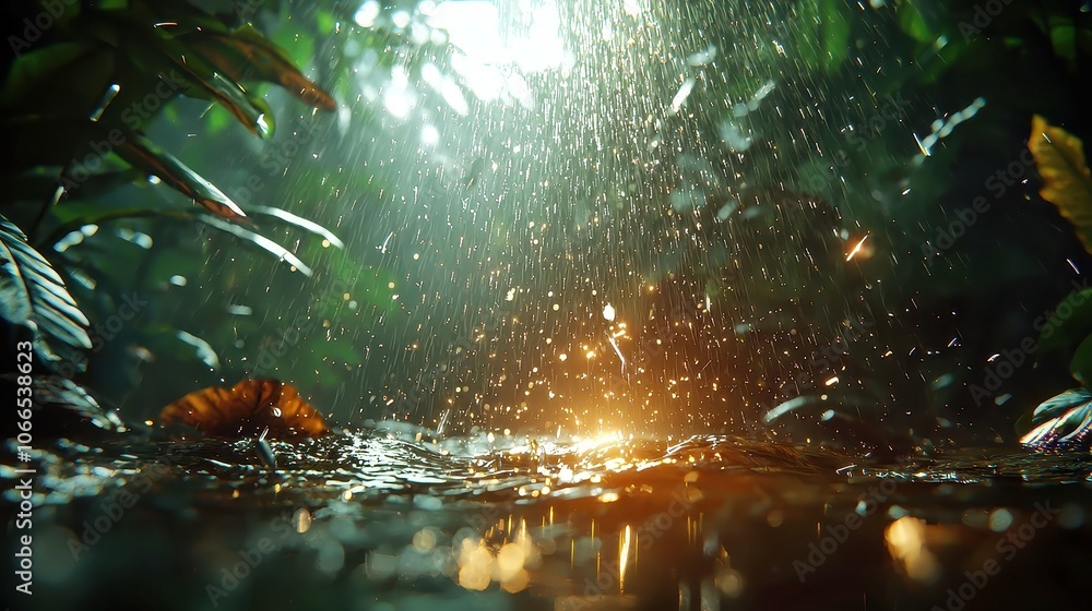 Poster dynamic 3d animation of rain cascading down, captivating visuals of raindrops in motion, immersive a
