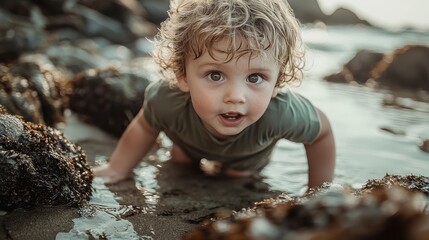 A Young Child With Curly Blonde Hair Crawls Towards The Camera While Playing In The Shallow Water Of A Rocky Beach - Powered by Adobe