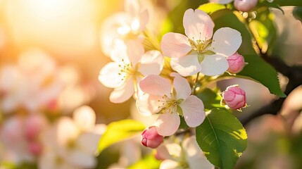 Fototapeta premium Vibrant blossoms illuminated by warm sunshine in a close-up view, highlighting the delicate beauty of nature with ample copy space for your creative needs.