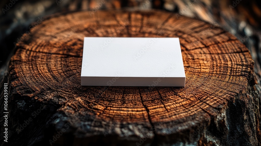 Poster a blank white notepad rests atop a weathered tree stump, perfect for adding your own message.