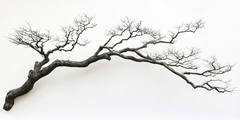 Fototapeta premium Curved and gnarled branches of a tree set against a completely white backdrop create a striking visual contrast with the emptiness of the space surrounding them.