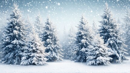 Fototapeta premium Winter landscape with fir trees covered in snow creates a serene winter scene, ideal for capturing the essence of a winter forest. Abundant copy space complements this winter landscape image.