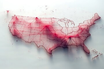 Red string art map of the USA with intricate connections.