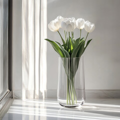 A bouquet of white tulips in a vase on the floor in the sunlight from the window, isolated on a white background. Stylish composition for interior decor, illustration, creative template for a postcard