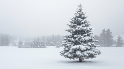 Christmas tree adorned with decorations in a snowy winter scene, creating a festive atmosphere. The image captures the essence of a Christmas tree with ample copy space.
