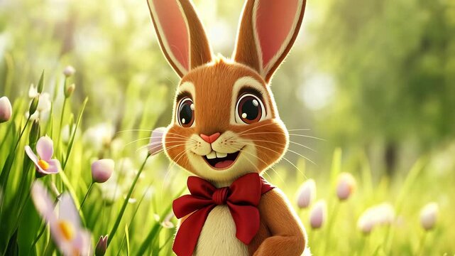 A cute cartoon bunny with a red bow tie stands in a field of grass and flowers