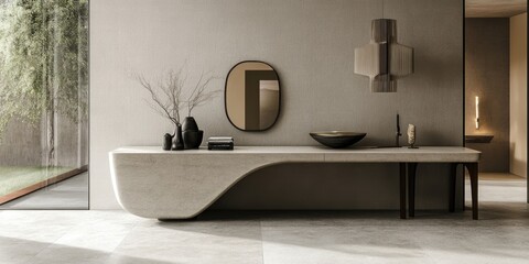 Modern living room featuring a sleek, innovative console design that enhances functionality and style within the space.