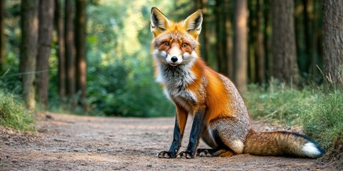 Obraz premium A red fox sits next to a woodland path, gazing directly at the camera while trees create a scenic backdrop in the distance. Its a captivating forest moment.
