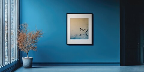 A frontal perspective of a blue colored wall showcasing a piece of art encased in a frame. The walls blue hue complements the framed artwork beautifully.