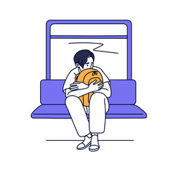 Unhappy person feeling stress, panic attack in public place. Depressed character in transport in loneliness. Sad man with psychological problems in anxiety. Flat isolated outline vector illustration