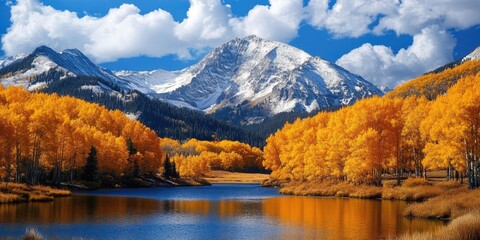 Obraz premium Mountains adorned with bright yellow leaves and capped with snow at their edges create a striking contrast in the landscape. Mountains feature yellow foliage and snowy borders.