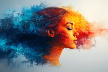 Abstract Art: Woman's Face in Blue and Orange Colors with Closed Eyes